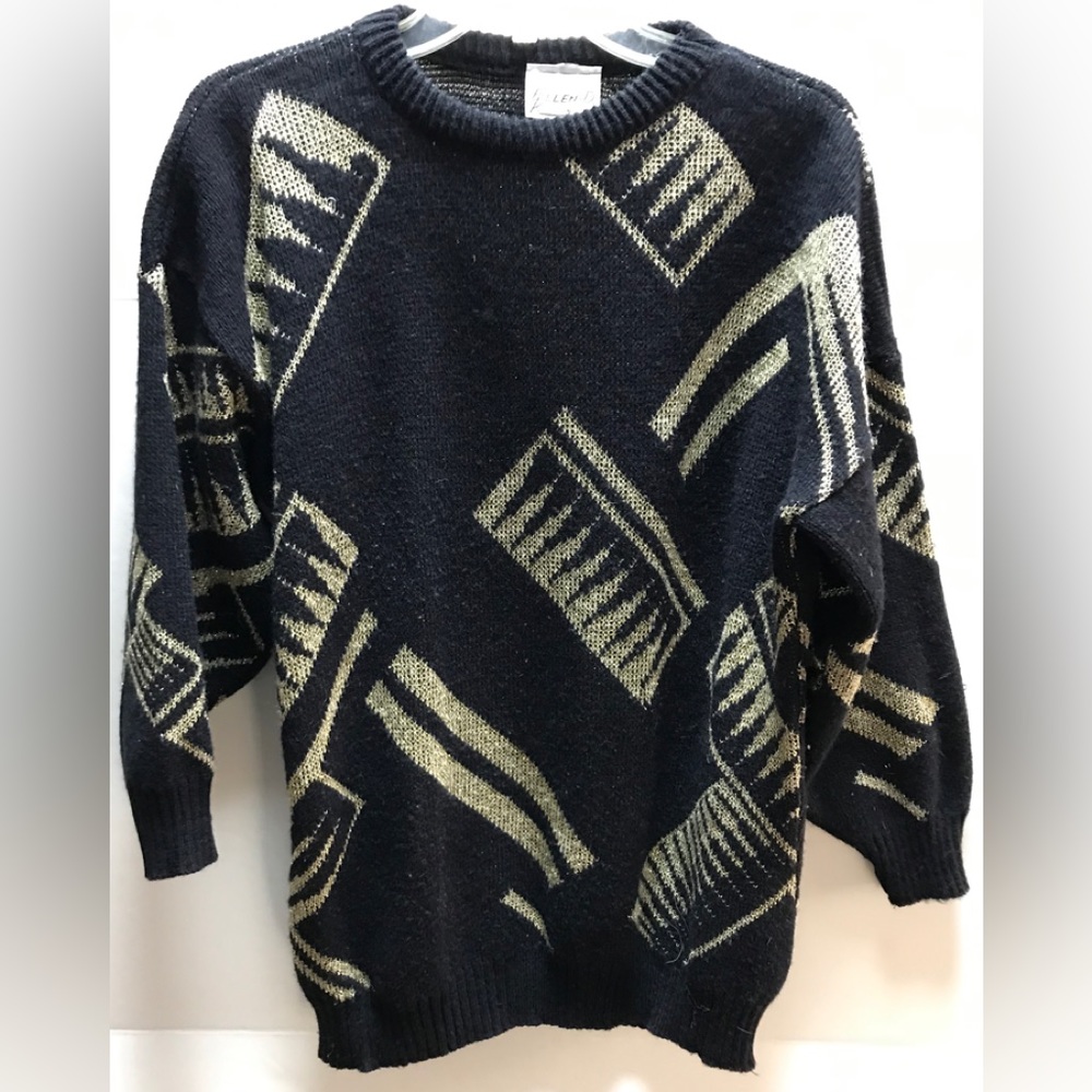 VTG 80s Ellen-D Collection Size L-XL Black Gold Metallic Lurex Holiday Sweater